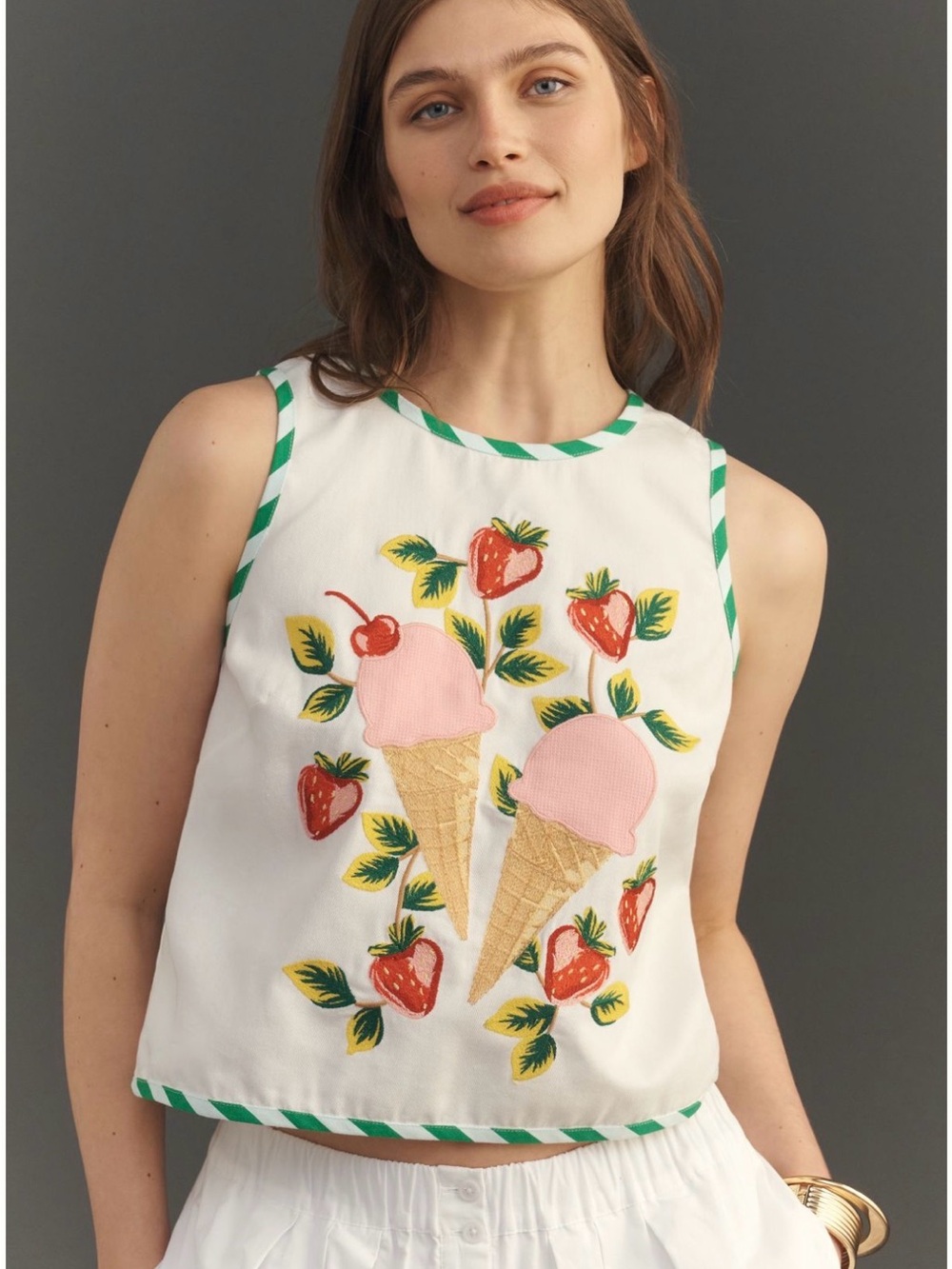 Striped-Trim White Tank Top with Pink Ice Cream & Strawberry Motif